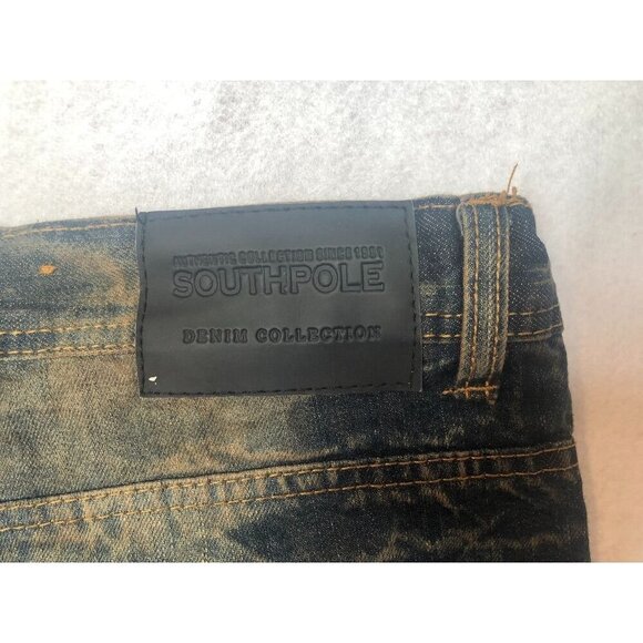 Southpole Jeans Dark Wash Distressed Straight Leg Moto Biker Mens Tagged 40x34 - Picture 6 of 8